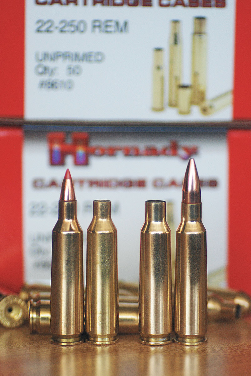 Cases are nearly identical except for bullet diameter; 22-250 brass is also much easier to find on dealers’ shelves.